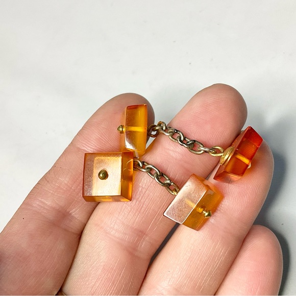 Vintage Carved Honey Amber Square Cufflinks - Picture 6 of 6